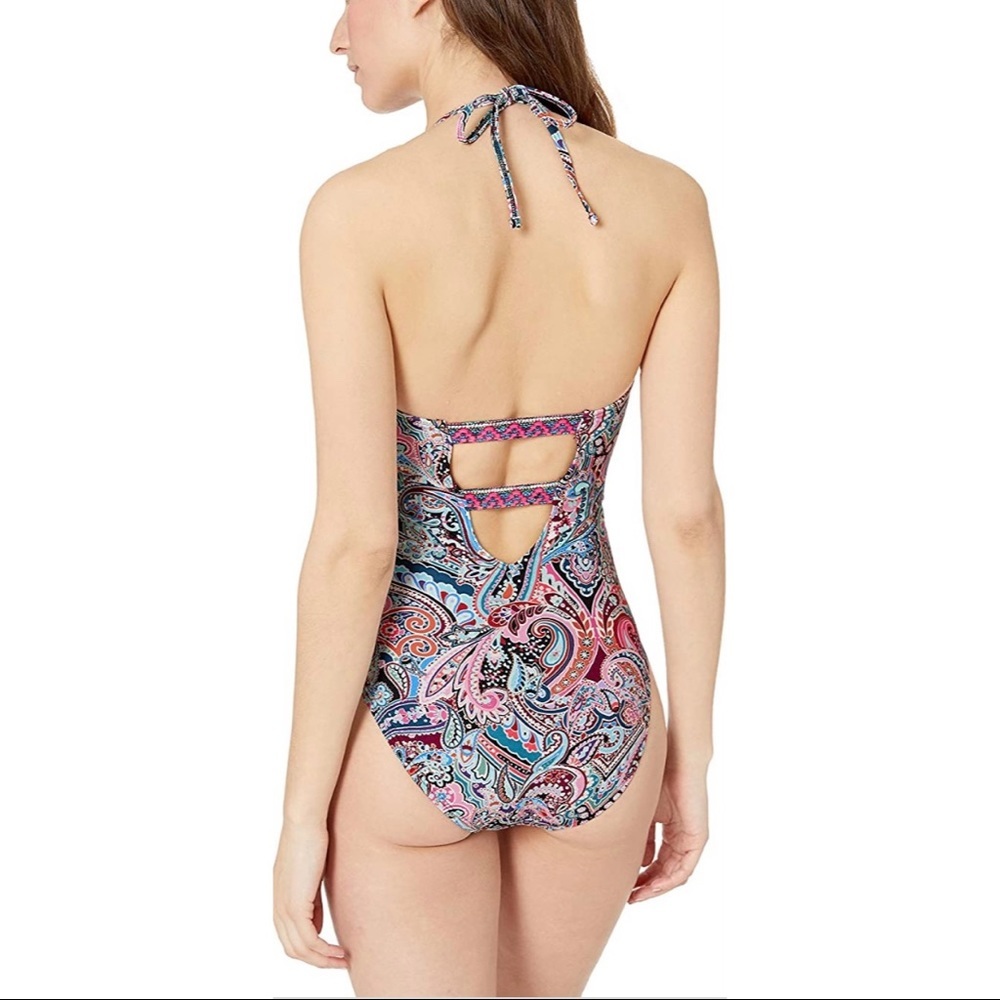Sold La Blanca Purple Paisley Halter V Neck Tummy Control One Piece Swimsuit - Picture 8 of 8